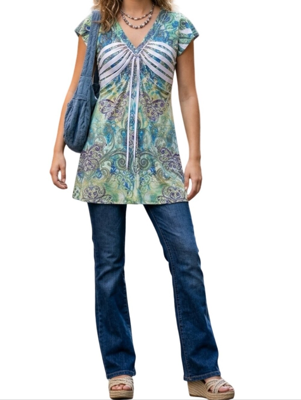 UNITY WORLD WEAR Y2K Fairycore Boho Paisley Rhinestone Babydoll Tunic Top